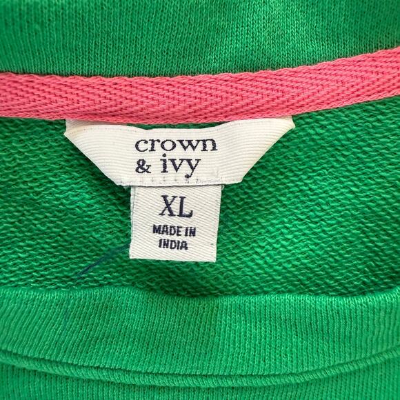 Crown & Ivy Women Embroidered Sweatshirt XL Short Puff Sleeve Preppy Green Pink - Picture 3 of 6